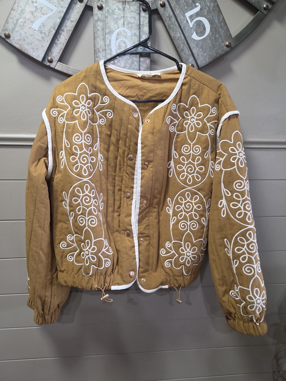 Listicle Vintage Mustard Boho Bomber Jacket with White Embroidery